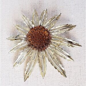 Vintage Sarah Coventry Sunflower Starburst Amber Gold Tone Brooch 2.5"